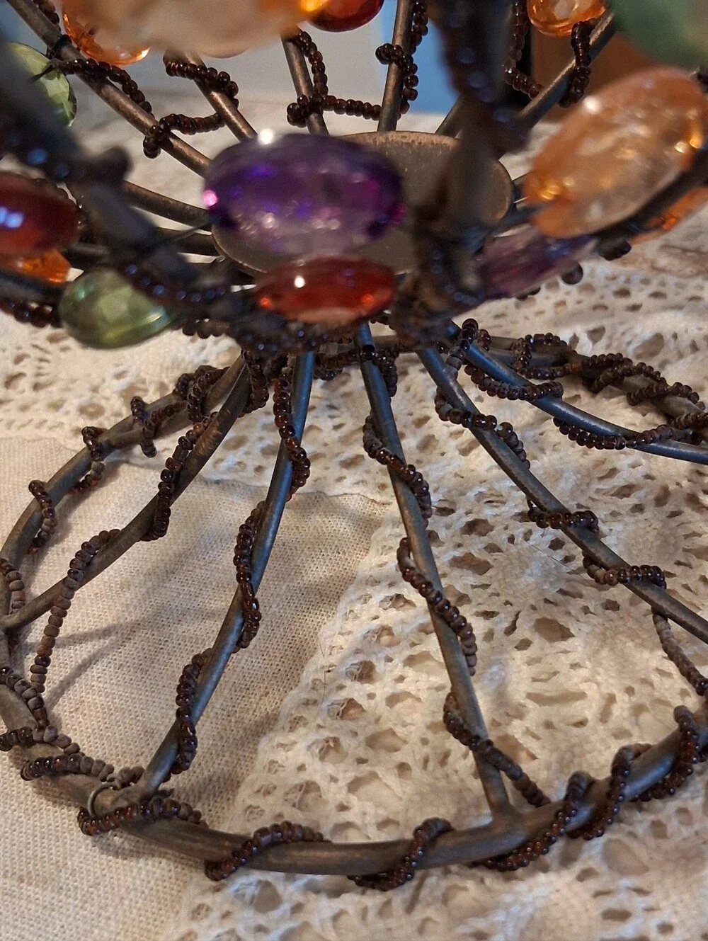 Vintage Beaded Wire & Metal Footed Bowl Basket Handmade Pop Art Retro Decor 8